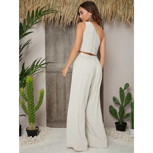 2 piece set: One Shoulder Crop Top & Palazzo Belted wide leg Pants Set black - Picture 6 of 6